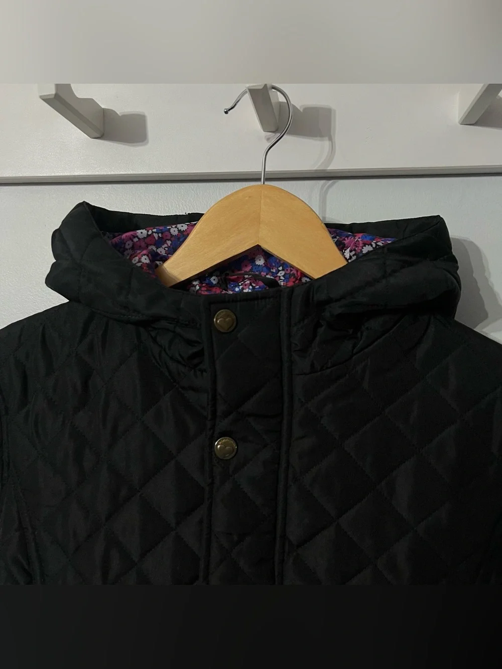 Weatherproof Girl’s L 14/16 Black Quilted Hooded Jacket Floral Lined Pockets
